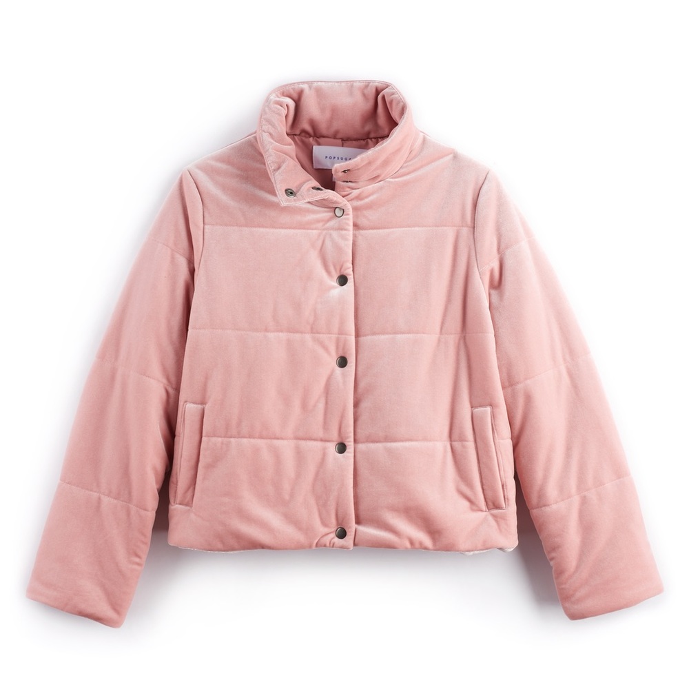 Popsugar pink velvet puffer